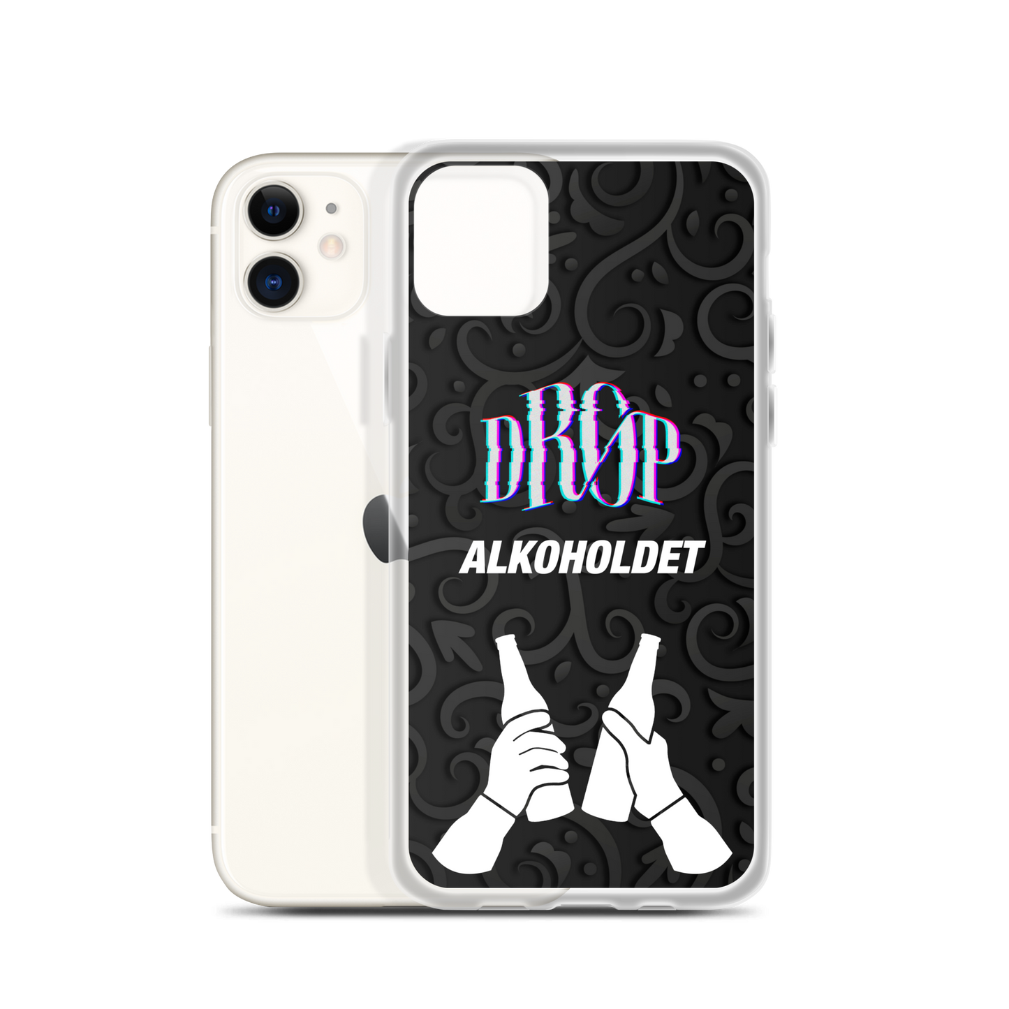 To smartphones, den ene med et gennemsigtigt DRØP Alkoholdet iPhone Cover med teksten "DROP ALKOHOLDET" og et billede af to hænder, der klirrer ølflasker på en sort mønstret baggrund. Det slanke design understøtter endda trådløs opladning for ekstra bekvemmelighed.