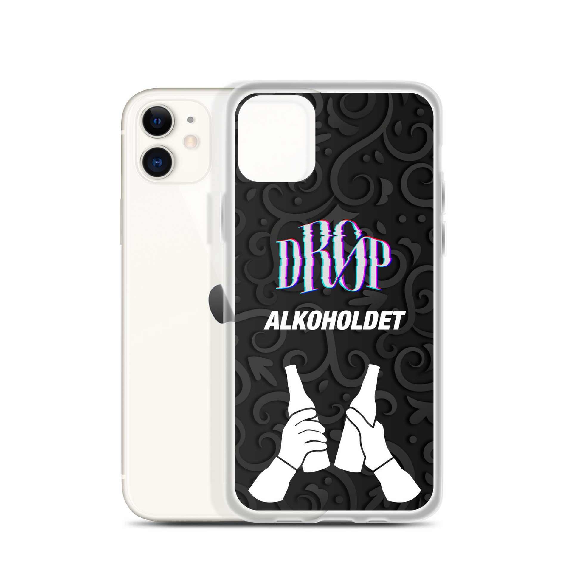 To smartphones, den ene med et gennemsigtigt DRØP Alkoholdet iPhone Cover med teksten "DROP ALKOHOLDET" og et billede af to hænder, der klirrer ølflasker på en sort mønstret baggrund. Det slanke design understøtter endda trådløs opladning for ekstra bekvemmelighed.