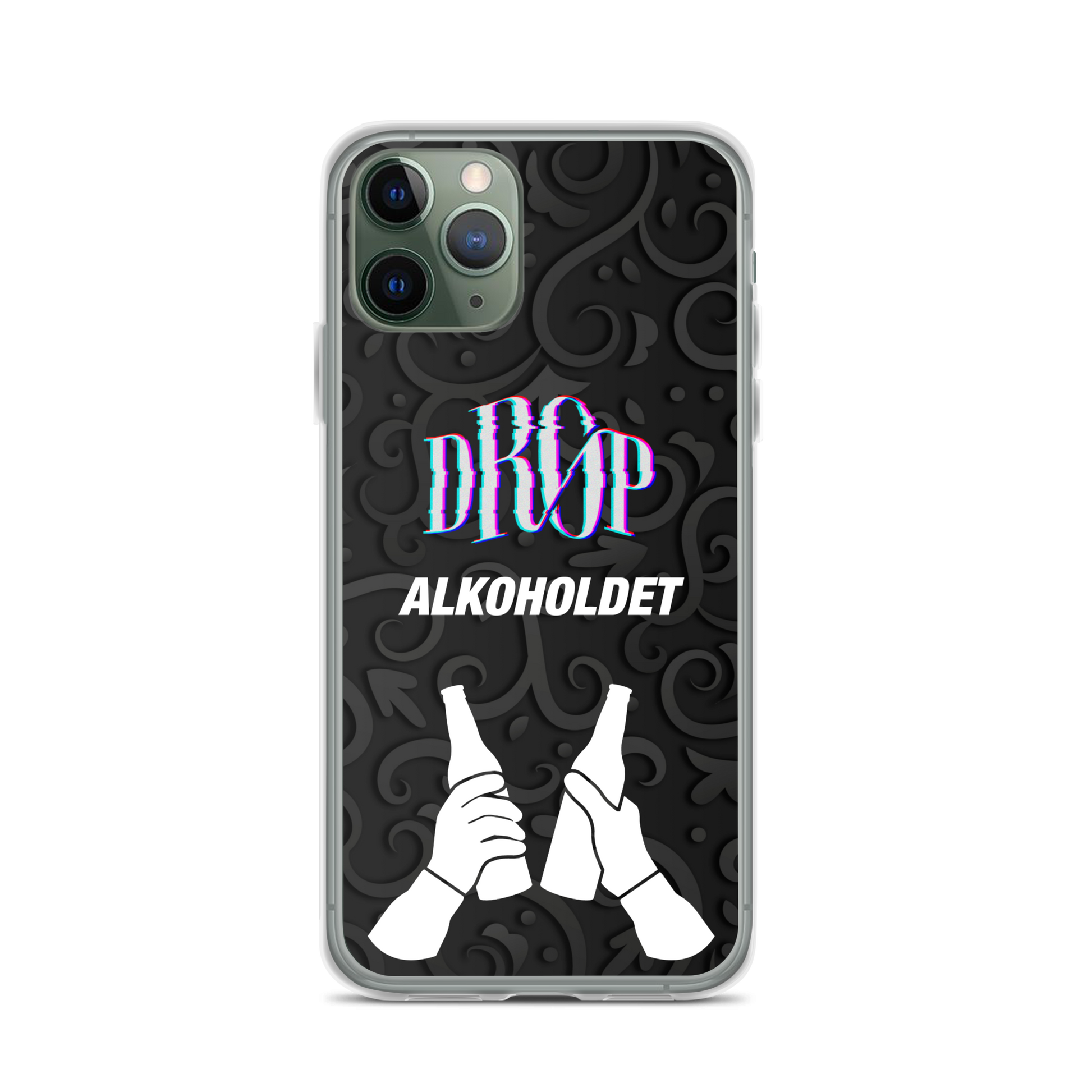 Smartphone med et Alkoholdet iPhone-cover fra DRØP med en sort udsmykket baggrund, ordene "DROP ALKOHOLDET" og to hænder, der holder knuste flasker.