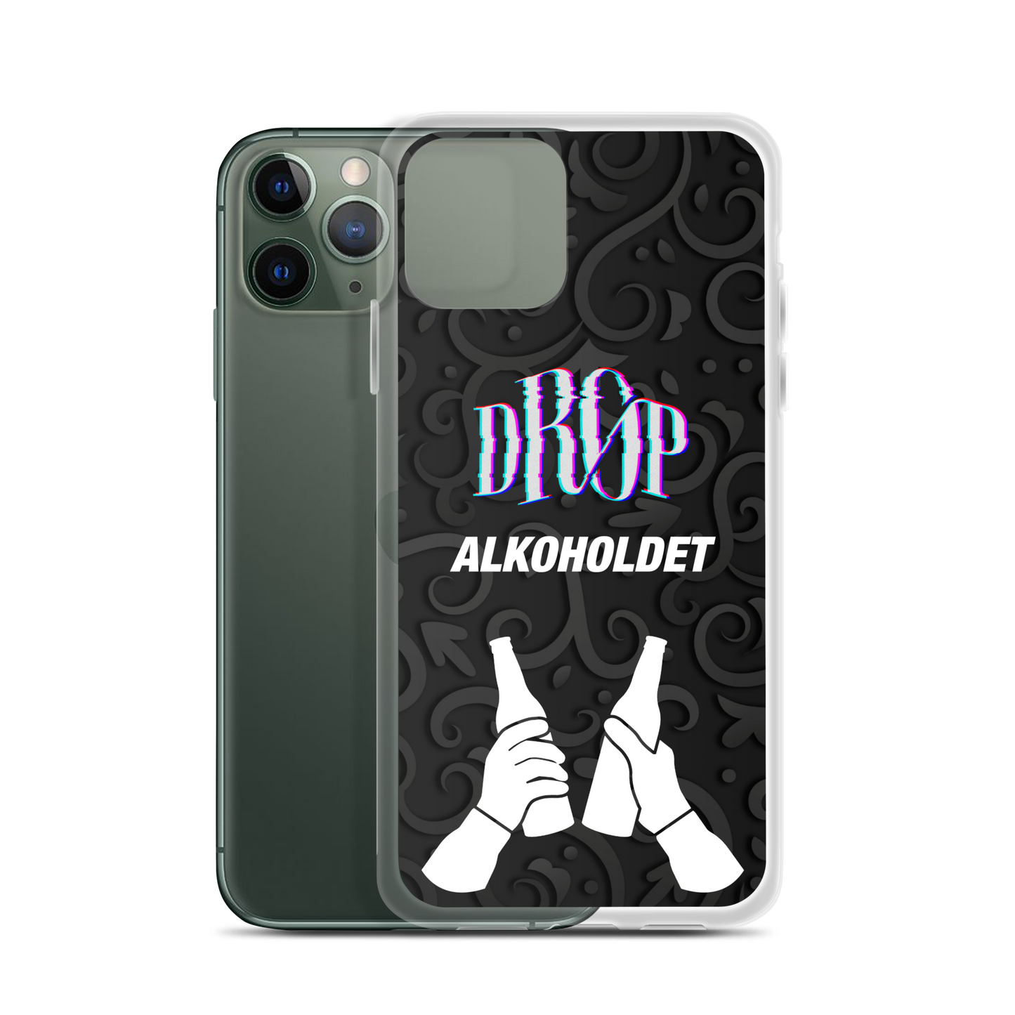 En grøn smartphone med et sort, mønstret etui med et design af to klirrende flasker og teksten "DROP ALKOHOLDET." DRØP Alkoholdet iPhone Cover indeholder avancerede produktionsteknikker for holdbarhed.