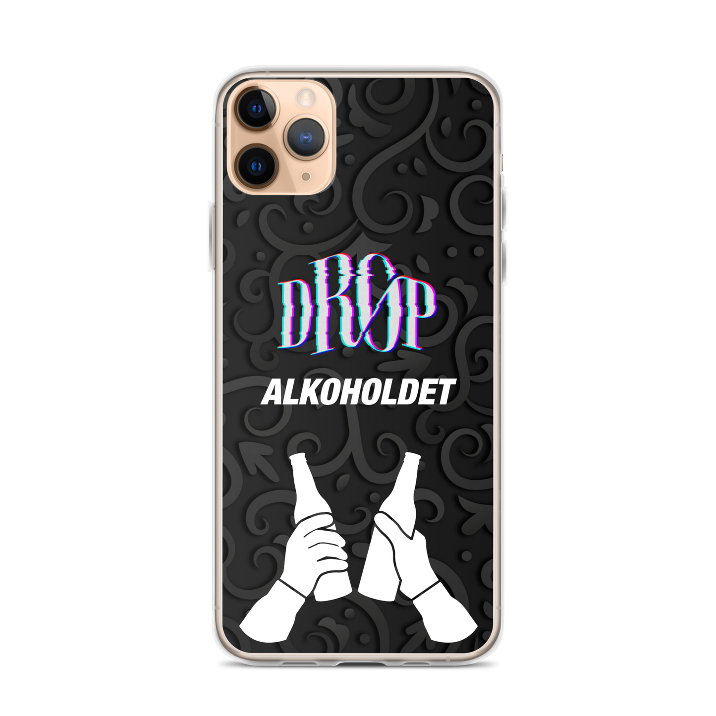 Et DRØP Alkoholdet iPhone Cover til iPhone SE med teksten "DRIP ALKOHOLDET" og et billede af to hænder, der klirrer ølflasker mod en mønstret sort baggrund. Dette slanke design understøtter trådløs opladning og er udformet ved hjælp af en avanceret produktionsproces for holdbarhed.