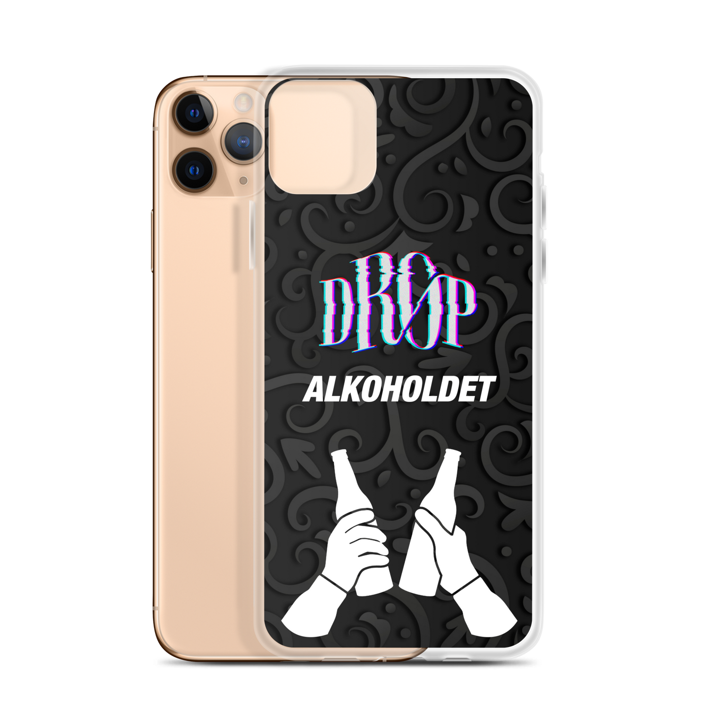 En guldsmartphone er parret med et klart etui med teksten "DROP ALKOHOLDET" og en grafik af to hænder, der klinker flasker mod en sort mønstret baggrund, lavet gennem en avanceret produktionsproces. Dette er Alkoholdet iPhone Cover fra DRØP.