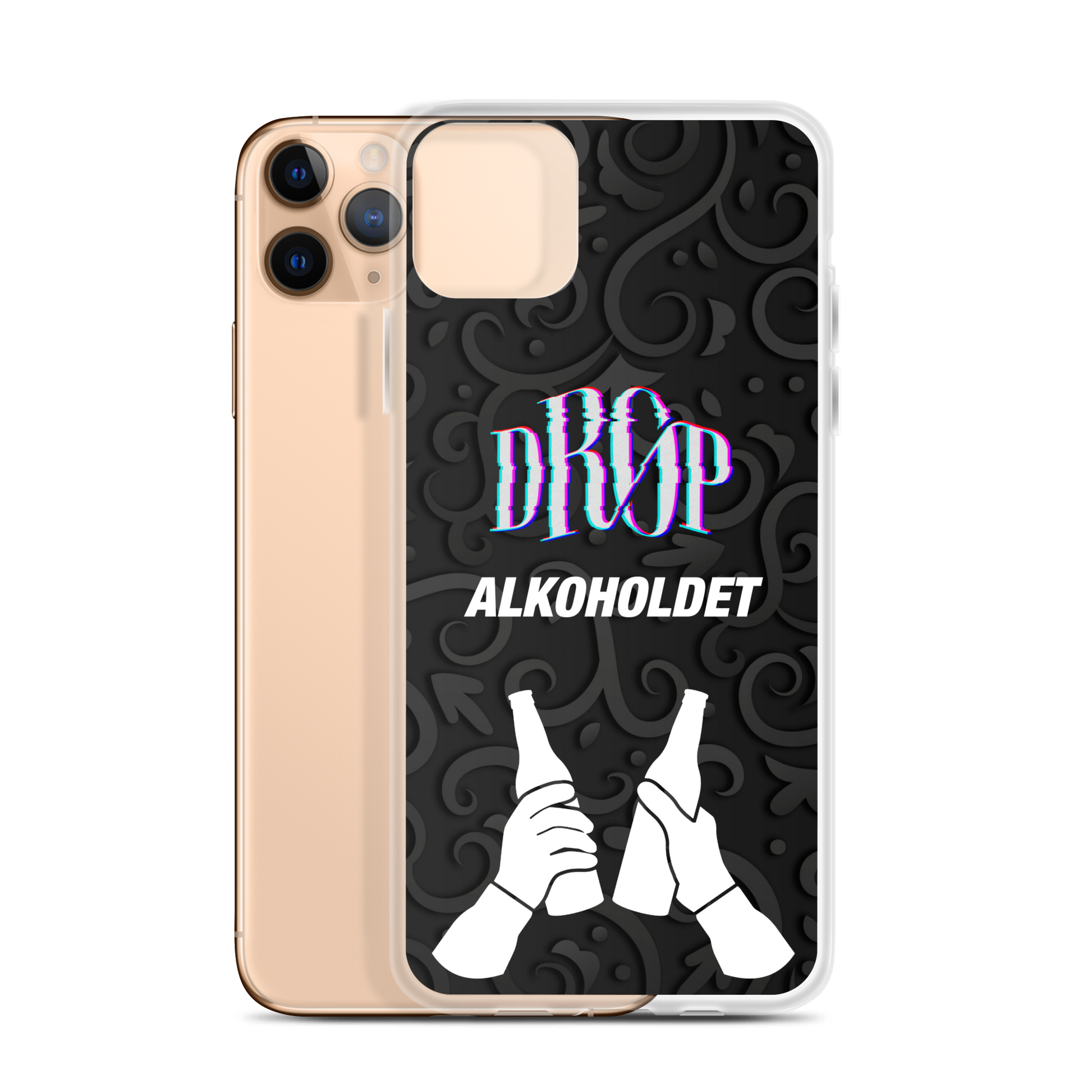 En guldsmartphone er parret med et klart etui med teksten "DROP ALKOHOLDET" og en grafik af to hænder, der klinker flasker mod en sort mønstret baggrund, lavet gennem en avanceret produktionsproces. Dette er Alkoholdet iPhone Cover fra DRØP.