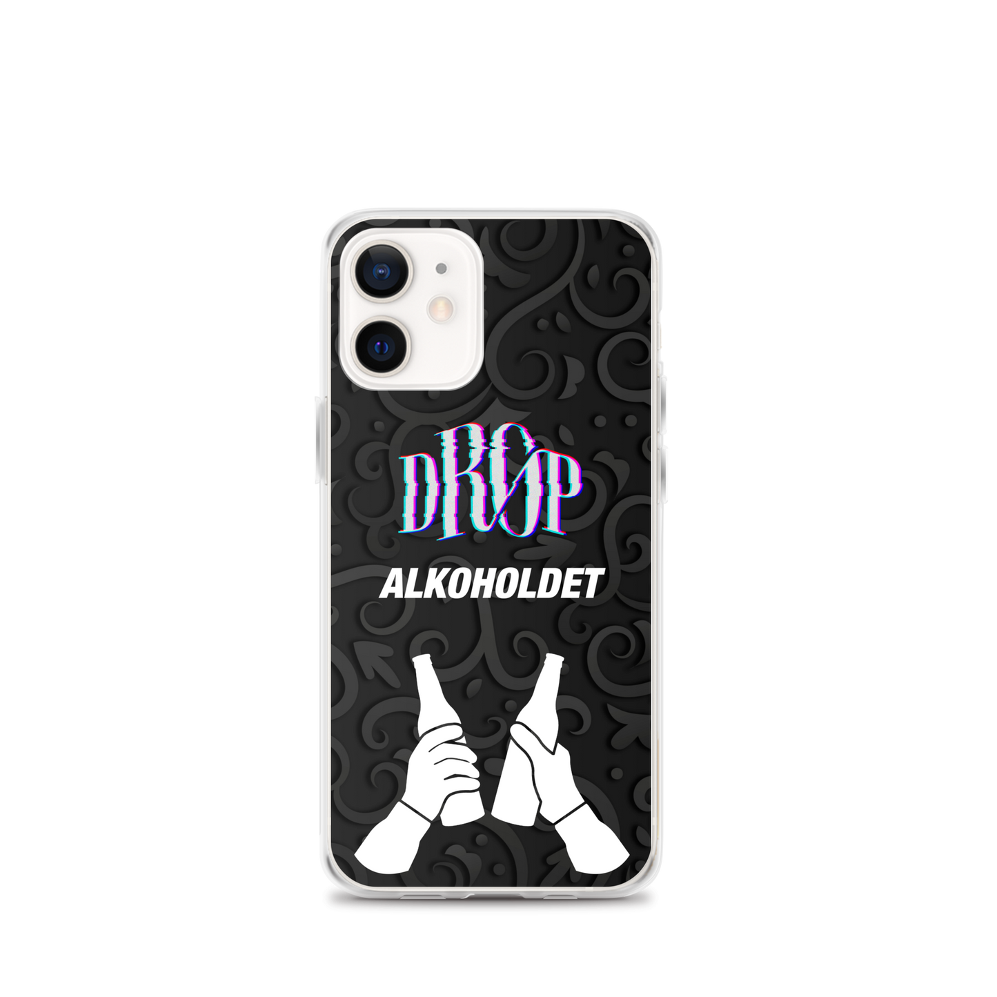 Dette Alkoholdet iPhone-cover har en sort og grå udsmykket baggrund med neontekst, der lyder "DROP ALKOHOLDET" sammen med en illustration af to hænder, der skåler med flasker. Skabt af DRØP gennem en avanceret produktionsproces, den understøtter også trådløs opladning for problemfri bekvemmelighed.