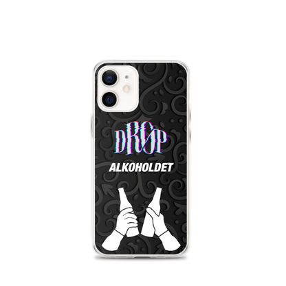 Dette Alkoholdet iPhone-cover har en sort og grå udsmykket baggrund med neontekst, der lyder "DROP ALKOHOLDET" sammen med en illustration af to hænder, der skåler med flasker. Skabt af DRØP gennem en avanceret produktionsproces, den understøtter også trådløs opladning for problemfri bekvemmelighed.