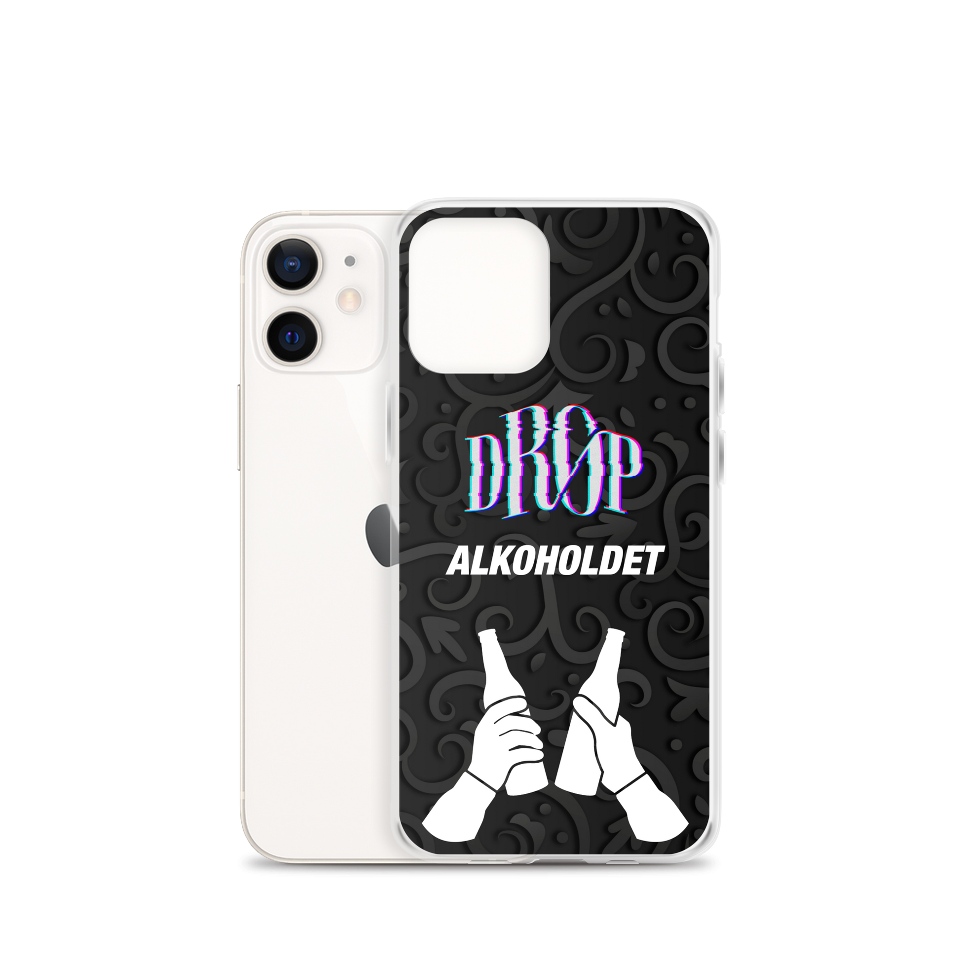 Hvid smartphone med et mønstret sort DRØP Alkoholdet iPhone Cover med teksten "DROP ALKOHOLDET" og en illustration af to hænder, der klirrer flasker sammen. Etuiet understøtter trådløs opladning, hvilket gør det lige så funktionelt som det er stilfuldt.