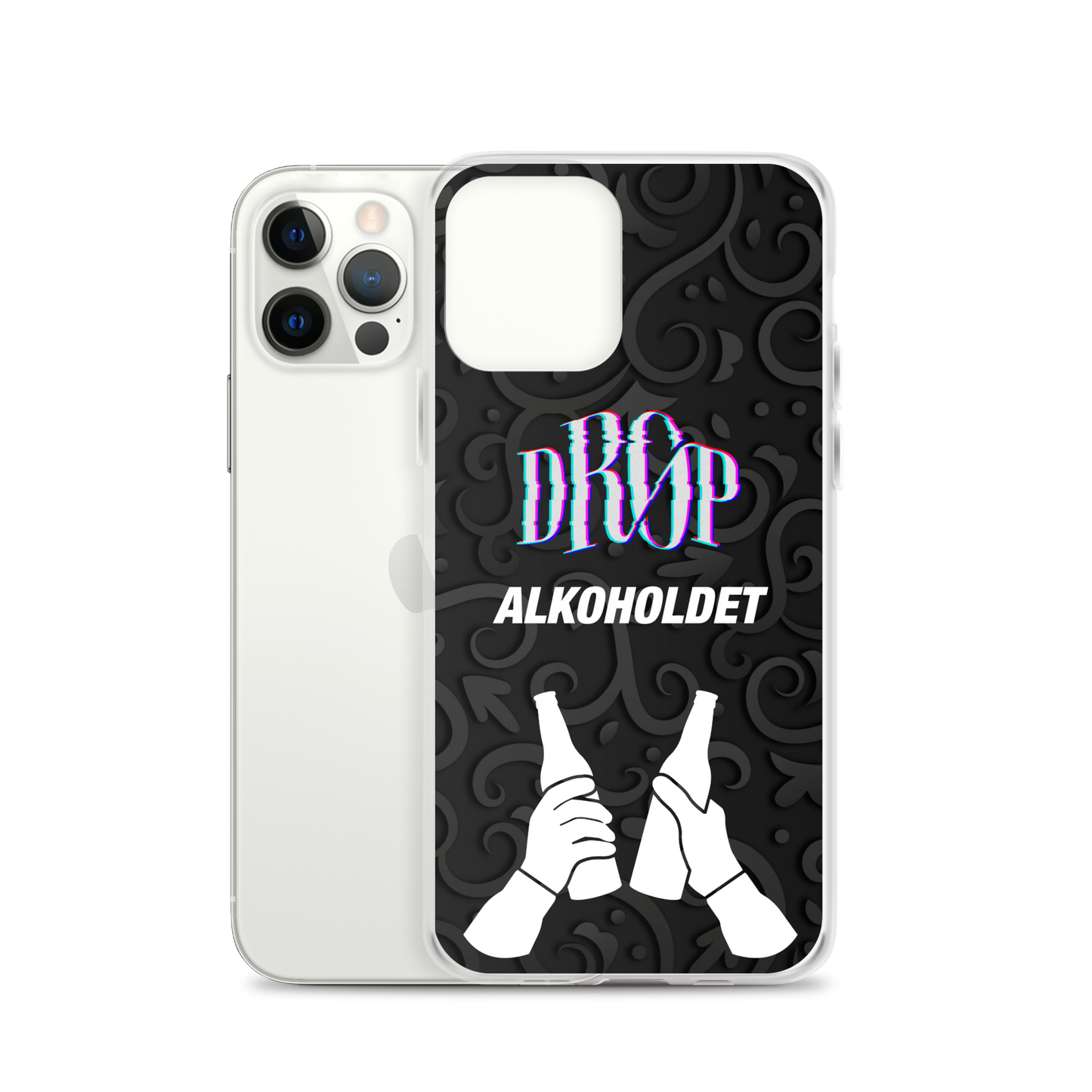 Alkoholdet iPhone Cover til iPhone SE med "DROP ALKOHOLDET" tekst og en illustration af to klirrende ølflasker, der overlejrer et udsmykket sort baggrundsdesign. Udformet ved hjælp af en avanceret produktionsproces, understøtter dette etui trådløs opladning for problemfri brugervenlighed.