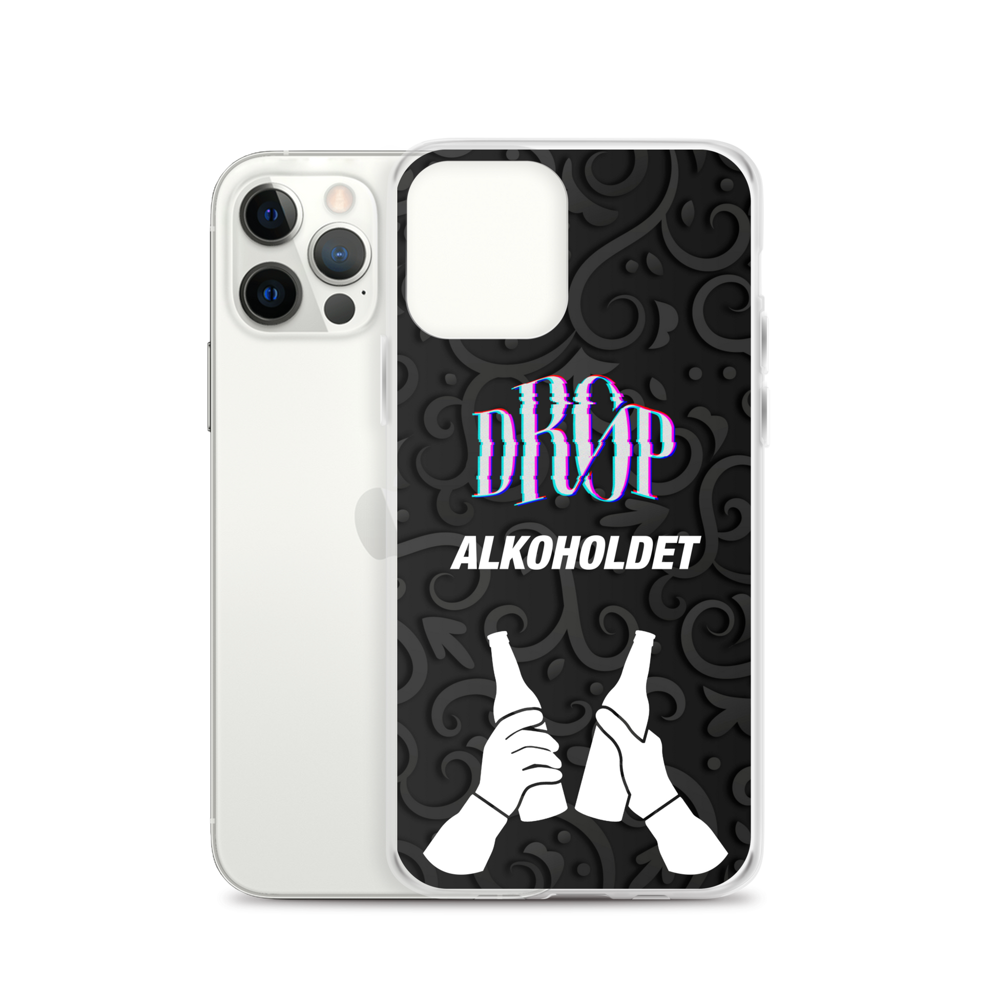 Alkoholdet iPhone Cover til iPhone SE med "DROP ALKOHOLDET" tekst og en illustration af to klirrende ølflasker, der overlejrer et udsmykket sort baggrundsdesign. Udformet ved hjælp af en avanceret produktionsproces, understøtter dette etui trådløs opladning for problemfri brugervenlighed.