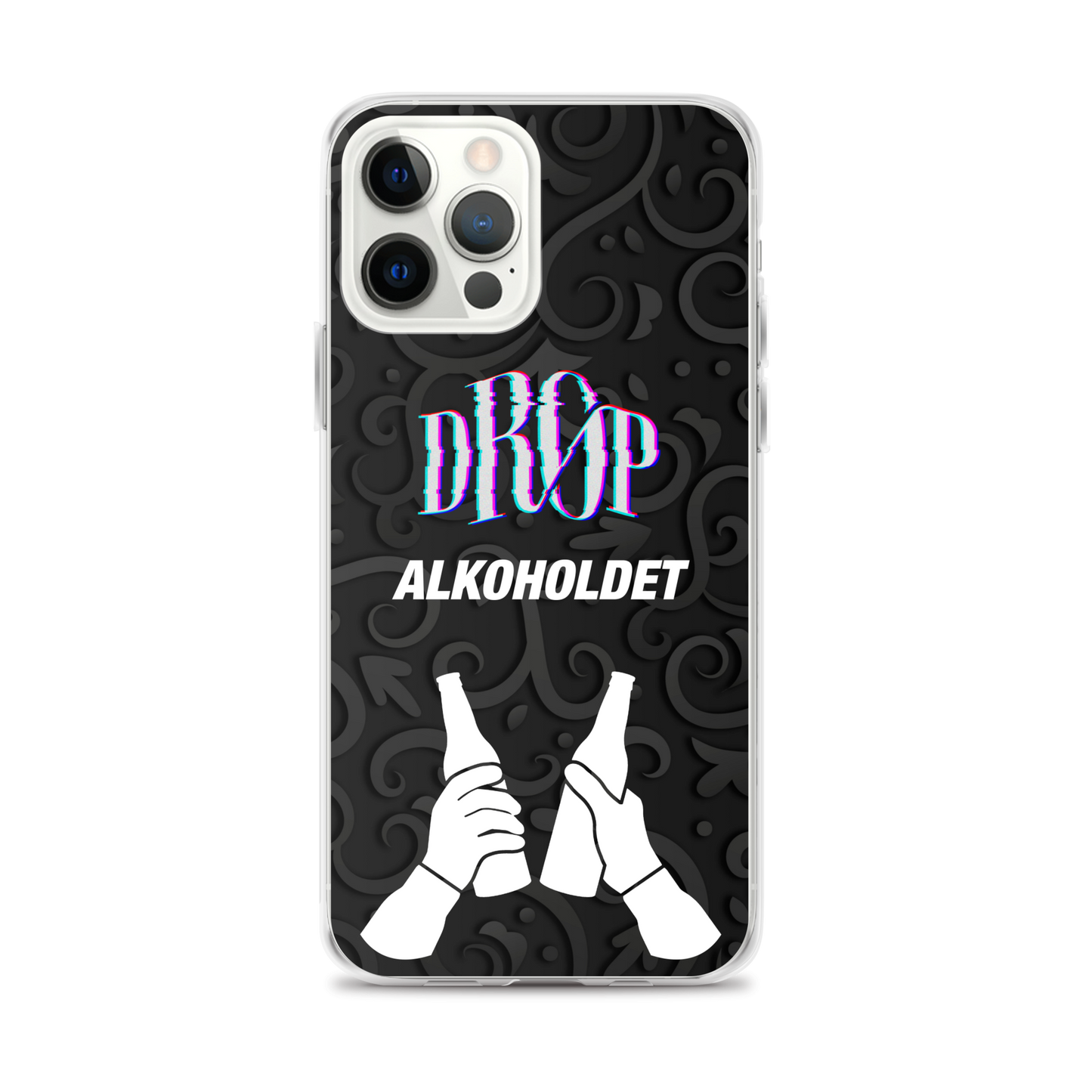 Et elegant Alkoholdet iPhone Cover fra DRØP med teksten "DROP" og "ALKOHOLDET," med et design af to behandskede hænder, der klirrer på flasker mod en stilfuld sort mønstret baggrund.