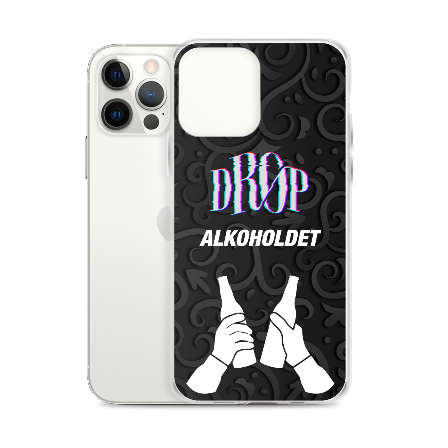 Et smartphone Alkoholdet iPhone-cover med et sort etui med psykedelisk "DROP ALKOHOLET"-tekst og to illustrerede hænder, der klirrer, designet ved hjælp af en avanceret produktionsproces fra DRØP.