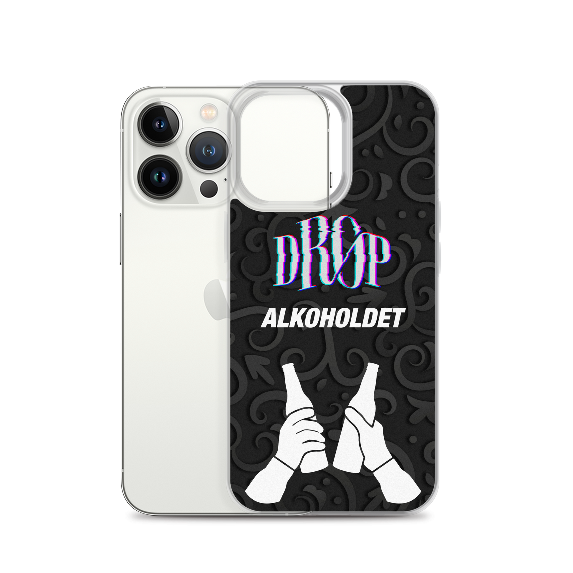 En hvid smartphone med et sort etui med "DROP ALKOHOLDET" skrevet på, ledsaget af et billede af to hvide hænder, der holder ølflasker mod en mønstret baggrund. Dette DRØP Alkoholdet iPhone Cover er designet til holdbarhed og understøtter trådløs opladning.