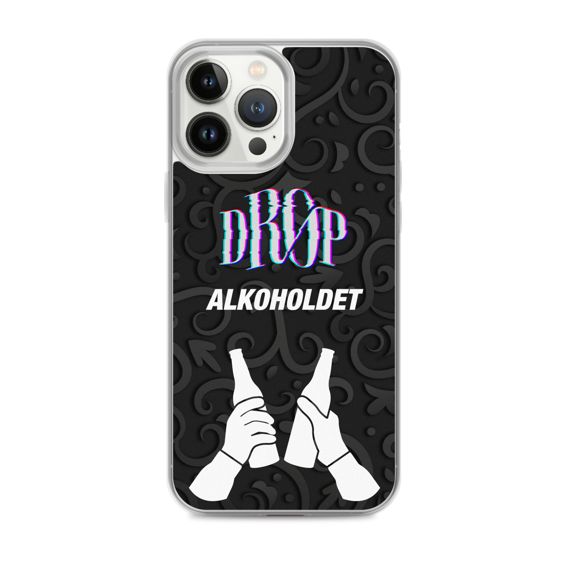 Et Alkoholdet iPhone Cover fra DRØP med teksten "DROP ALKOHOLDET" med en illustration af to hænder, der klirrer på flasker mod en mørk, mønstret baggrund. Etuiet er designet ved hjælp af en avanceret produktionsproces og understøtter trådløs opladning, hvilket sikrer både stil og funktionalitet.