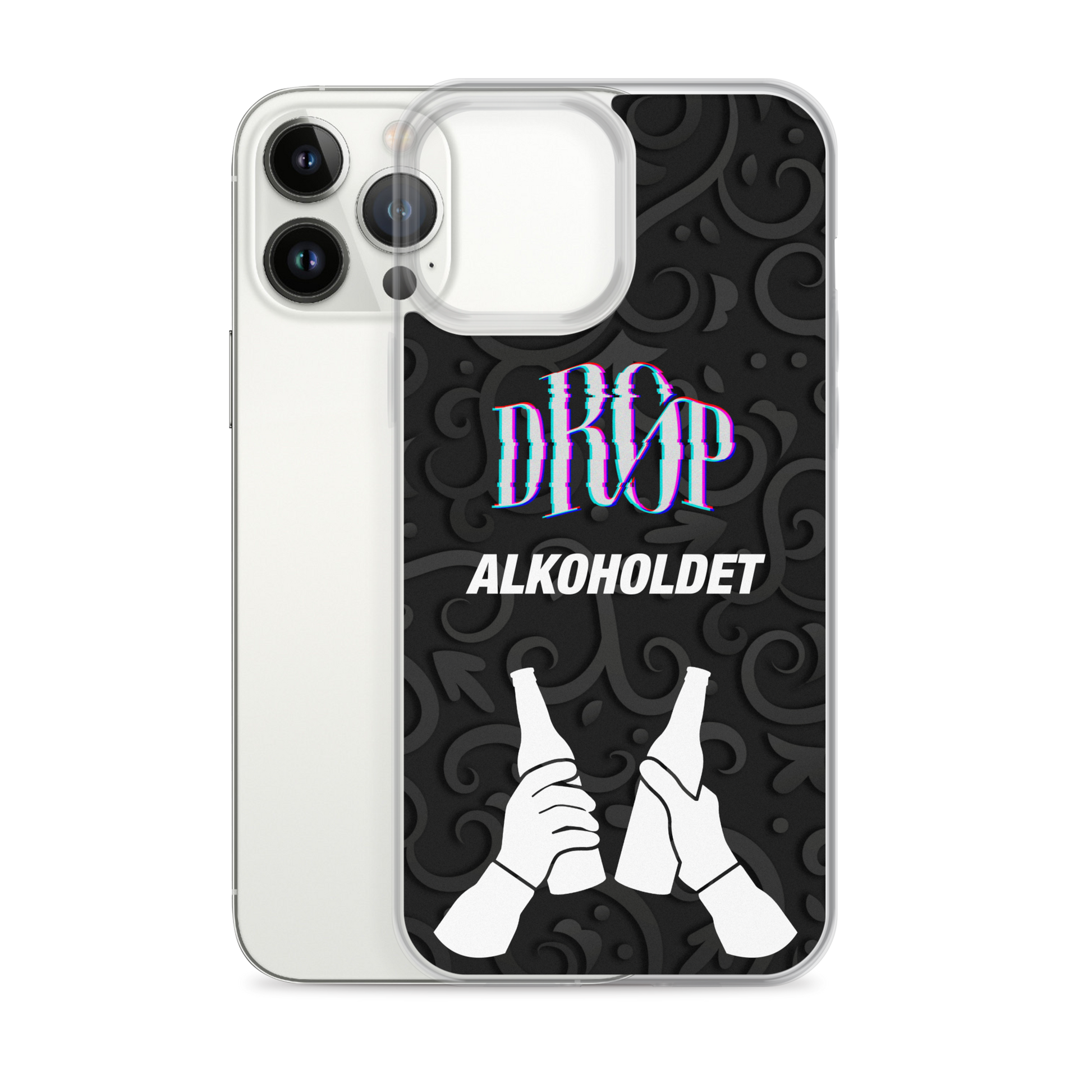 En smartphone med et DRØP Alkoholdet iPhone Cover med teksten "DROP ALKOHOLDET" og en grafik af to hænder, der klirrer på flasker, mod en mønstret sort baggrund. Dette stilfulde cover er kompatibelt med trådløs opladning, hvilket gør det både funktionelt og trendy.